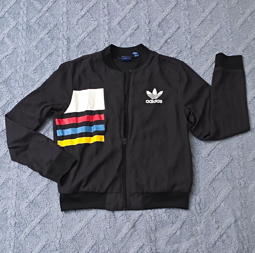 Adidas Originals Women's Track Jacket Medium M Black Trefoil Color Block Stripes